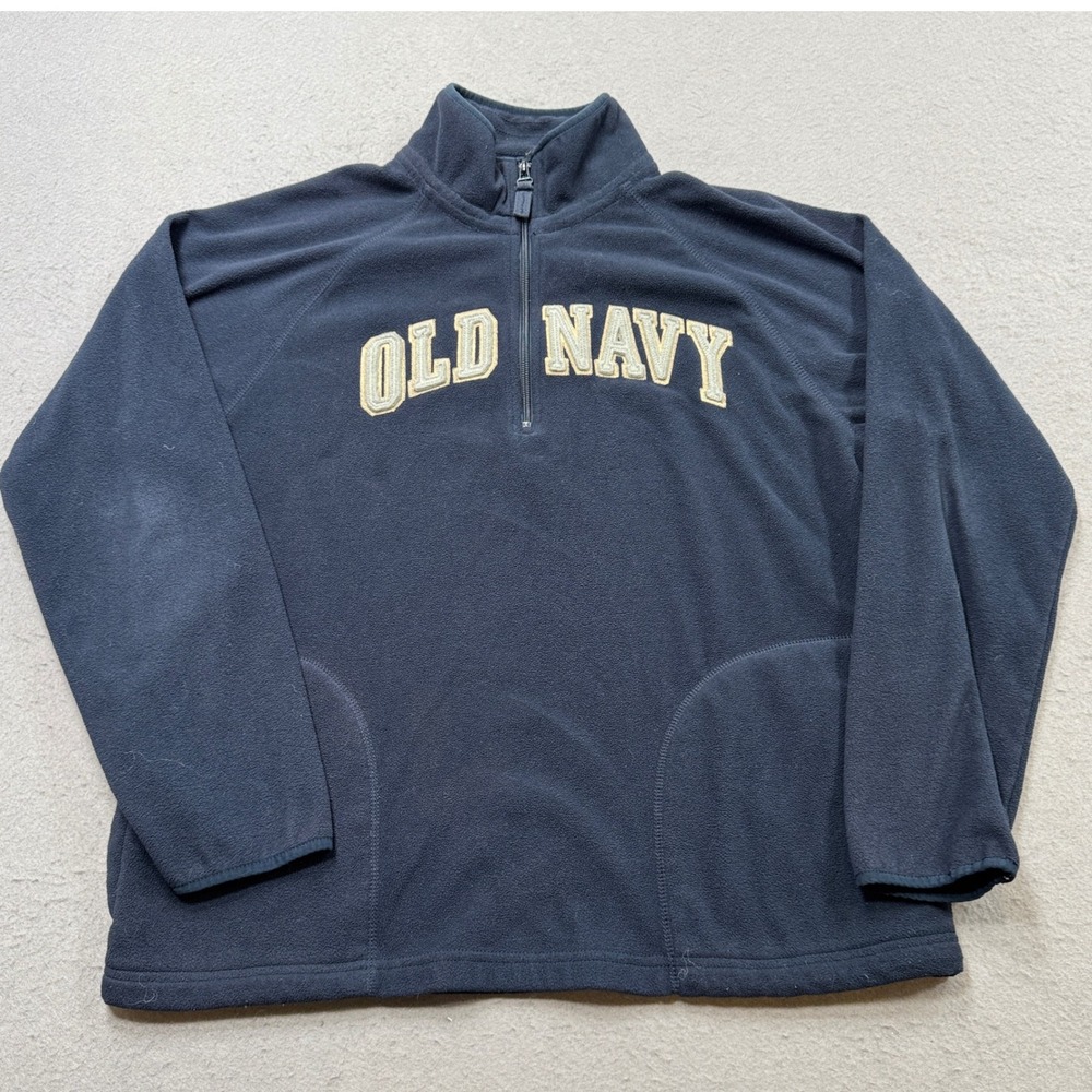 Y2K Old Navy Sweater Men's Large Navy Blue Quarter Zip Fleece Logo Pullover